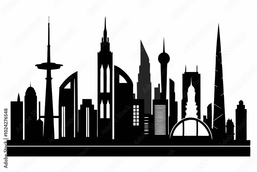 Dubai City Skyline Silhouette, City Buildings Black Silhouette Vector, Dubai Skyline Cityscape Silhouette Dubai City Skyline Silhouette, City Buildings Black Silhouette Vector, Dubai Skyline Cityscape Silhouette