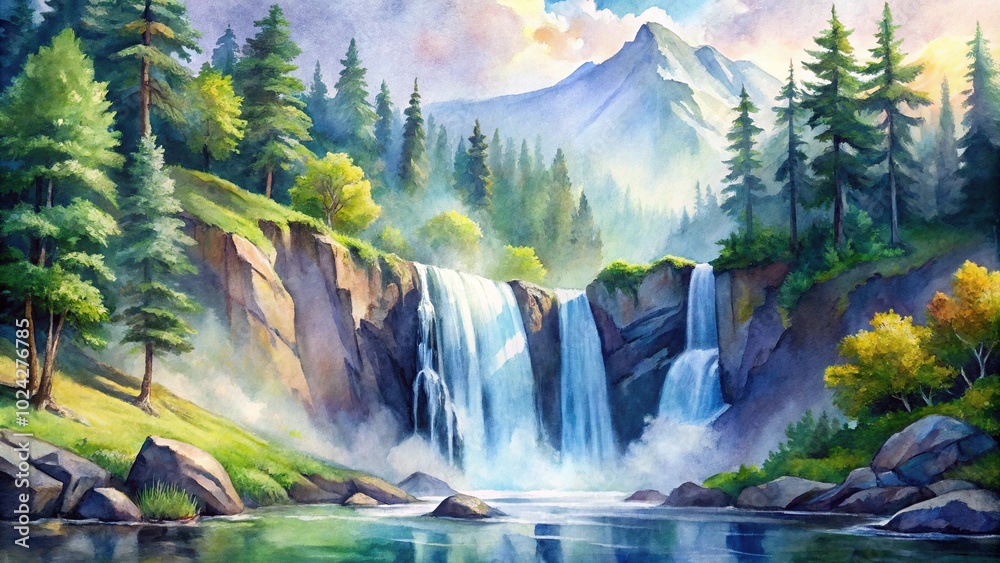 watercolor painting of waterfall in mountains watercolor painting of waterfall in mountains