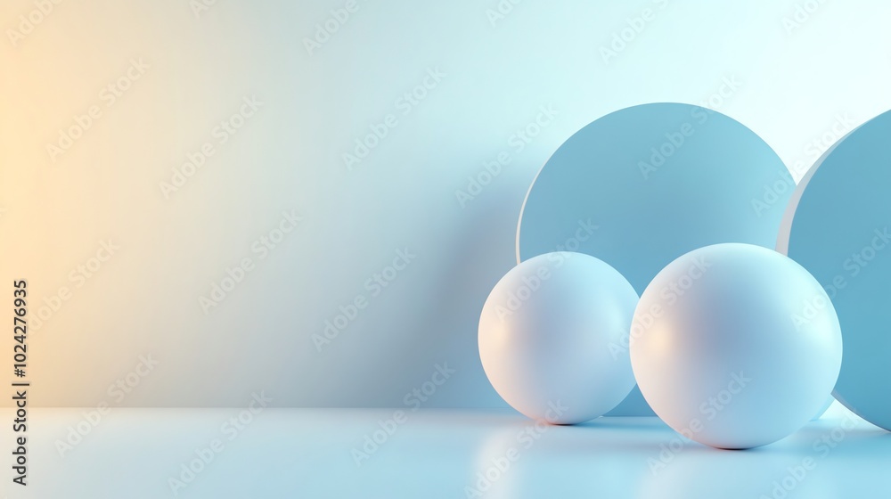 Fototapeta premium Minimalist product display with two white spheres and blue circle, backlit with warm and cool lighting.