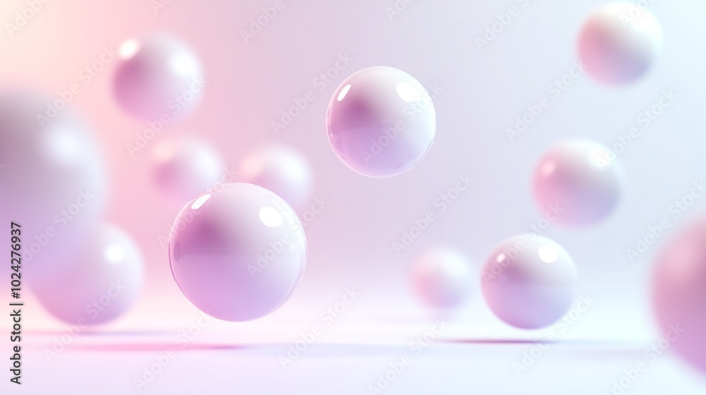 Abstract 3D render of white spheres floating in a pastel pink and purple background. Abstract 3D render of white spheres floating in a pastel pink and purple background.