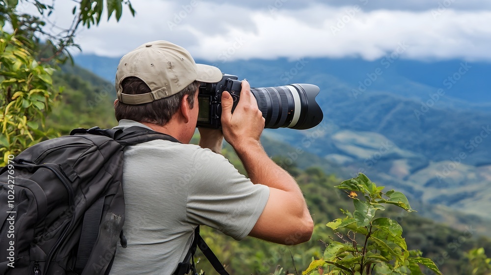 A professional photographer skillfully operating a DSLR to capture breathtaking outdoor landscapes nature scenes and scenic vistas during an adventure or travel excursion