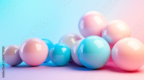 Glossy spheres in pink, blue, and white on a gradient background.