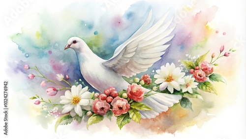 Fototapeta Naklejka Na Ścianę i Meble -  watercolor painting of white dove surrounded by flowers