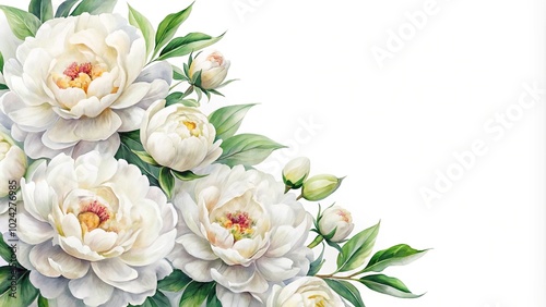 watercolor painting of white peony flowers from high angle view