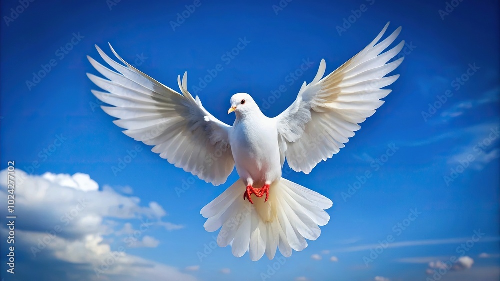 Obraz premium Close-up of a white dove flying in a blue sky
