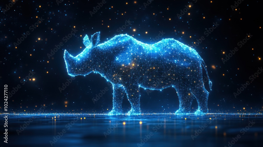 A glowing blue rhino silhouette made of connected particles, standing on a reflective surface with glowing dust particles in the air. A glowing blue rhino silhouette made of connected particles, standing on a reflective surface with glowing dust particles in the air.