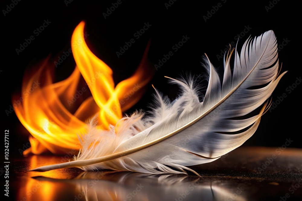 Obraz premium Close-up of a white feather on fire against black background, representing passion and transformation