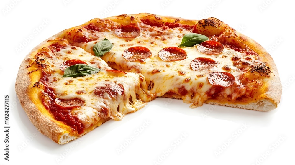 Freshly baked homemade pizza with melted cheese and a variety of delicious toppings including pepperoni tomatoes and fragrant basil leaves Freshly baked homemade pizza with melted cheese and a variety of delicious toppings including pepperoni tomatoes and fragrant basil leaves