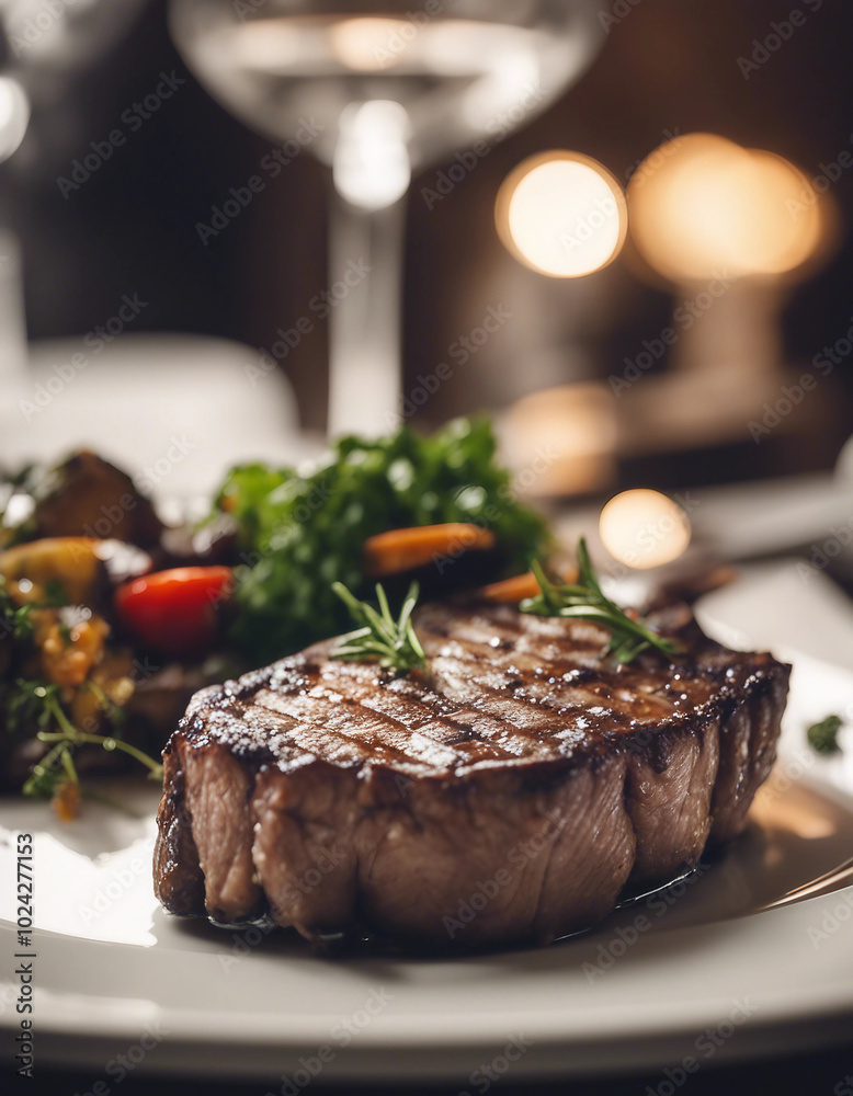 Perfectly grilled steak on a white plate at a luxury restaurant, set against a bright background. Perfectly grilled steak on a white plate at a luxury restaurant, set against a bright background.
