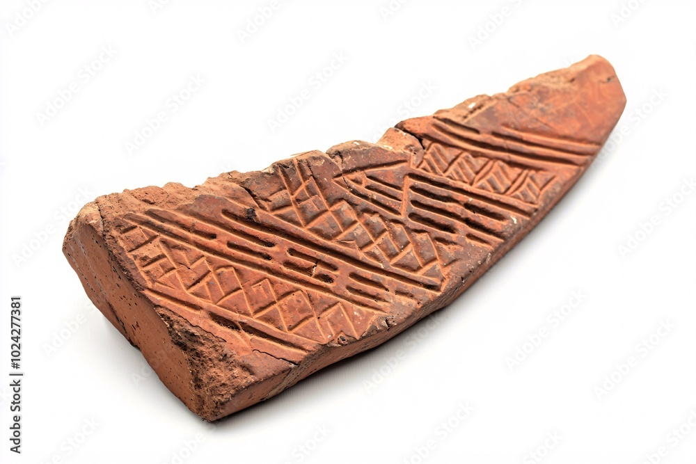 A beautifully detailed clay fragment with elaborate designs, ideal for art historical and archaeological exploration. A beautifully detailed clay fragment with elaborate designs, ideal for art historical and archaeological exploration.