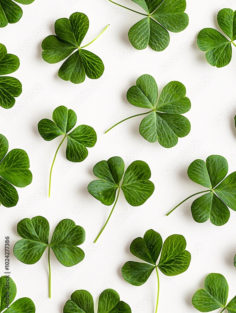 A captivating arrangement of fresh green leaves forms a unique clover leaf pattern against a white backdrop, highlighting the beauty of nature in its simplicity. A captivating arrangement of fresh green leaves forms a unique clover leaf pattern against a white backdrop, highlighting the beauty of nature in its simplicity.