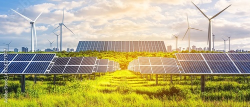 Solar panels and wind turbines in a field.