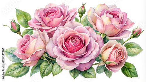 Watercolor pink roses on white background