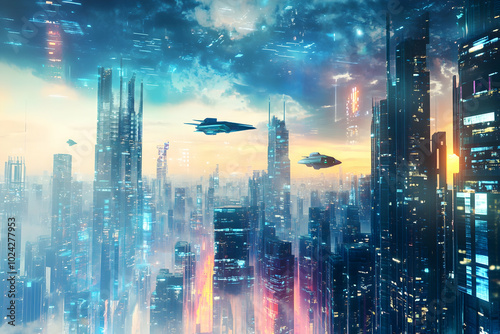 Futuristic Cityscape Illustration with Flying Vehicles