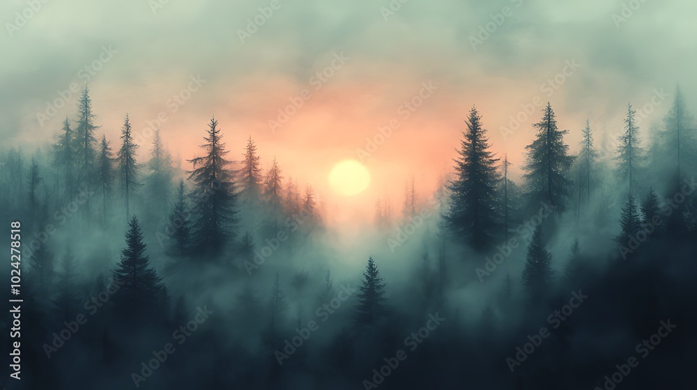 Naklejka premium A misty forest with tall trees and a sunrise peeking through the clouds.