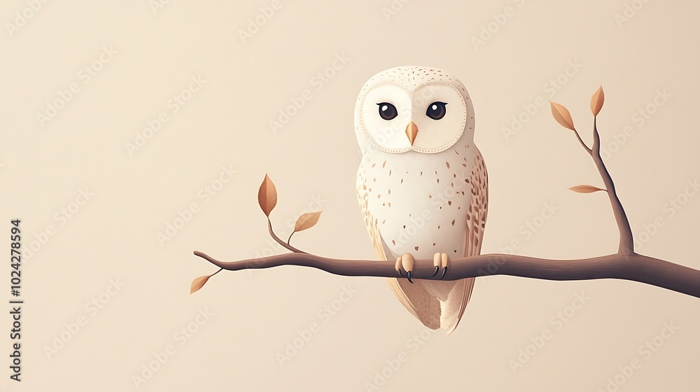 Fototapeta premium Geometric owl illustration with a circular head and oval body, perched on a single curved branch, set against a neutral beige background. Smooth edges and no shading, clean vector art style,