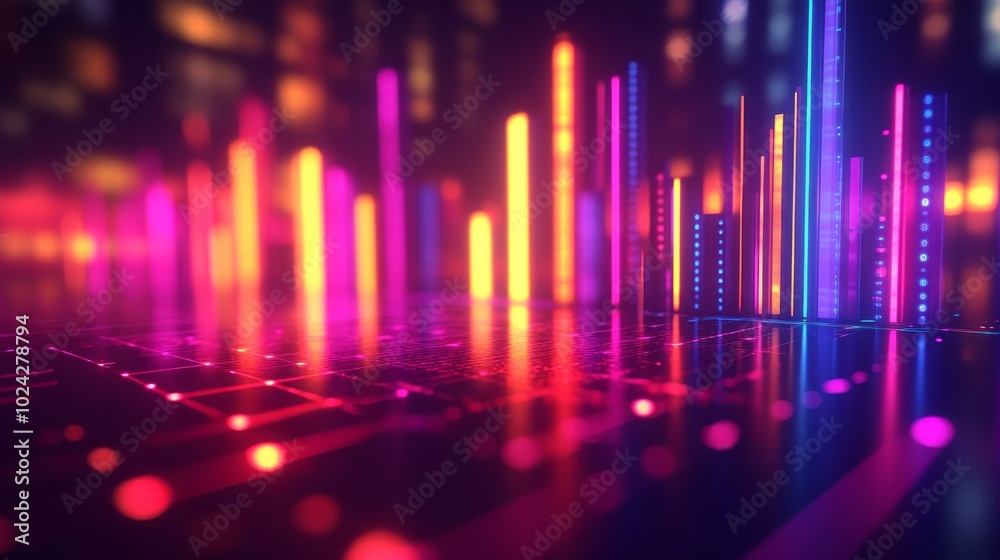 Abstract neon lights create a futuristic cityscape with glowing lines and a reflective surface. Abstract neon lights create a futuristic cityscape with glowing lines and a reflective surface.
