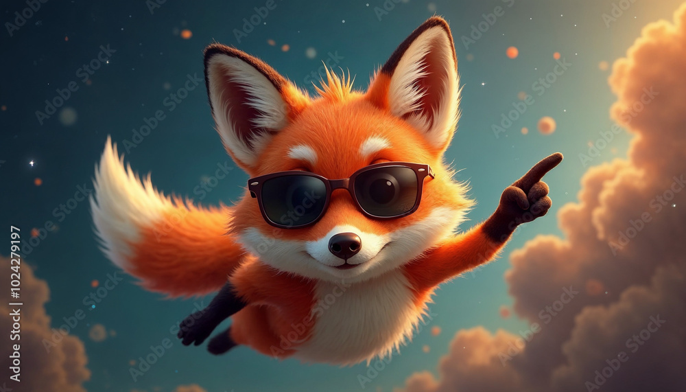 Little funny red fox wearing sunglasses flying fox Little funny red fox wearing sunglasses flying fox