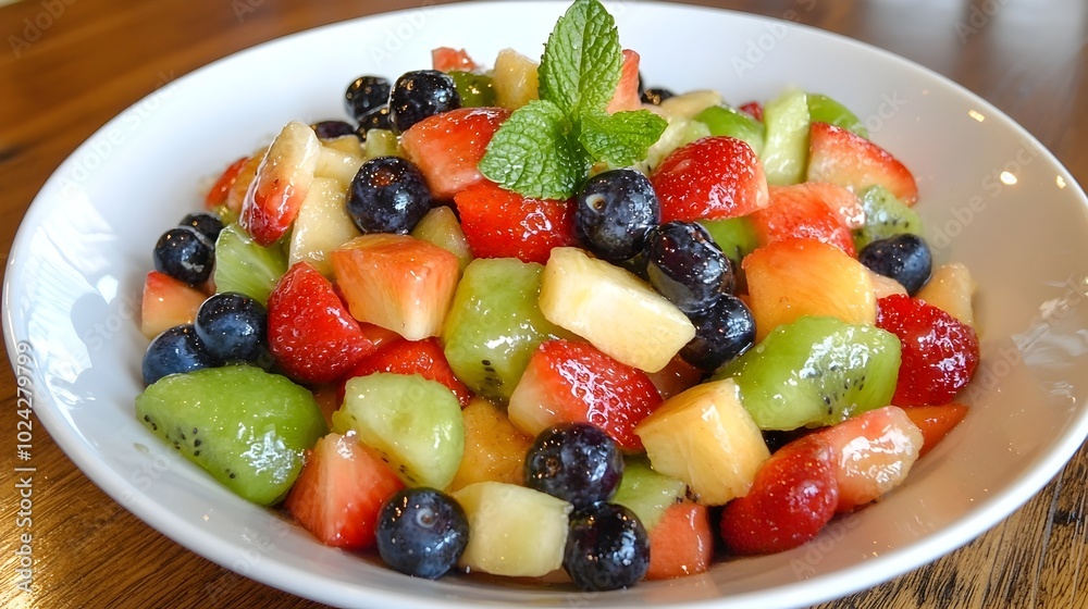 Close up view of a colorful and fresh fruit salad in a white ceramic bowl arranged on a natural wooden table The image showcases the appetizing textures and hues of the seasonal produce Close up view of a colorful and fresh fruit salad in a white ceramic bowl arranged on a natural wooden table The image showcases the appetizing textures and hues of the seasonal produce