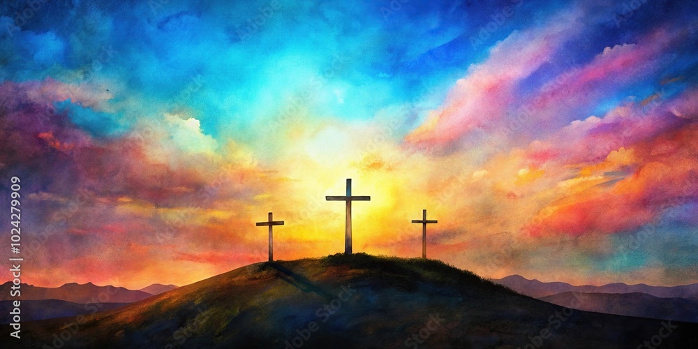Watercolor style art of three crosses on hill, colorful sky, minimalist Watercolor style art of three crosses on hill, colorful sky, minimalist