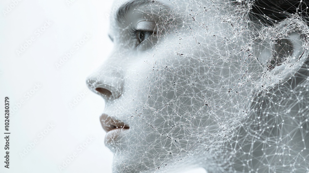 Woman's face with a delicate mesh covering it, creating a sense of mystery and intrigue. Woman's face with a delicate mesh covering it, creating a sense of mystery and intrigue.