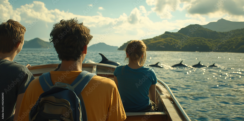 Fototapeta premium Travelers Enjoy Boat Tour Spotting Dolphins at Sea