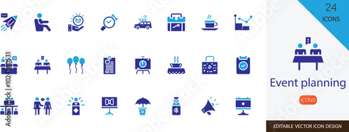 Event planning icon set . containing  Conference, Meeting, Seminar, Workshop, timeline, staffing and more solid design