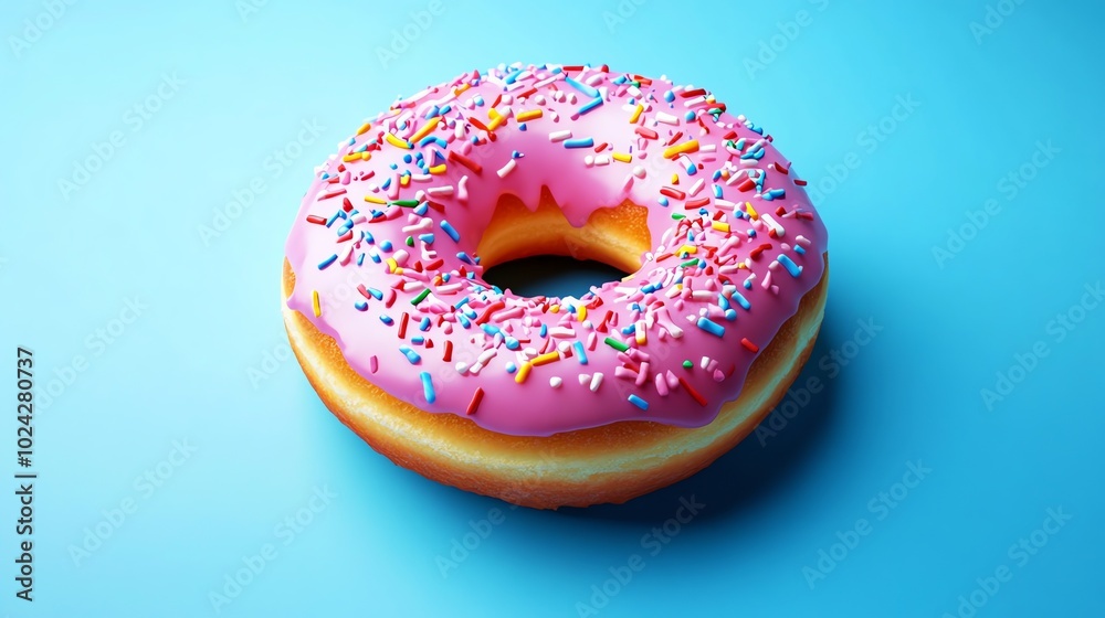 A pink frosted donut with sprinkles on a blue background. A pink frosted donut with sprinkles on a blue background.