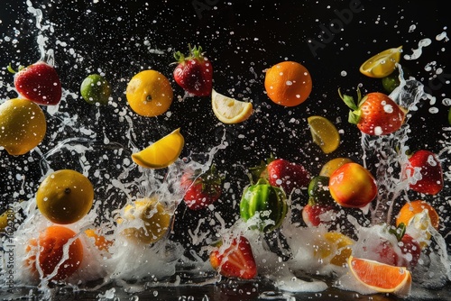 A splash of water is falling on a table with a variety of fruits, generative ai image