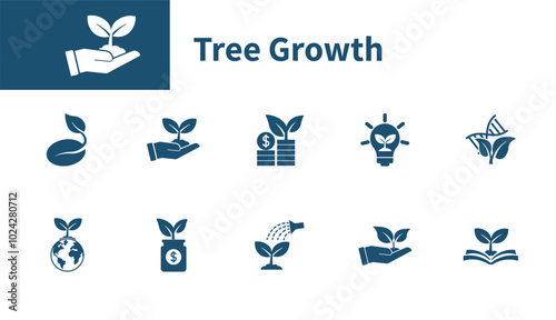 Sapling icon. Set of solid vector icons on the theme of growth, tree, hand, finance business, development, environment.