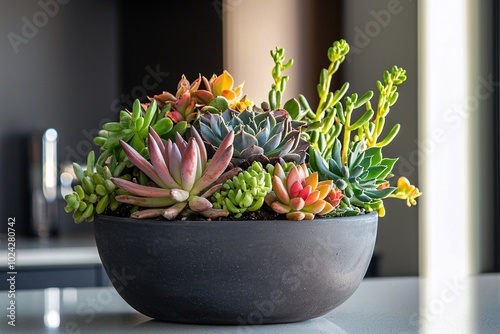 A stylish planter brimming with vibrant succulents sits atop a chic table, elevating the modern decor. photo