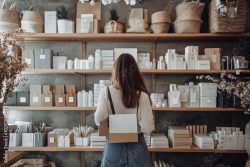 Shopper exploring a variety of elegant home office supplies in a stylish stationery store. 