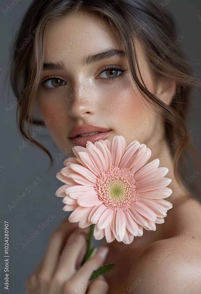 A beautiful woman with a pink gerbera flower in her hand, natural makeup, brown hair, soft lighting, studio shot, grey background. A beautiful woman with a pink gerbera flower in her hand, natural makeup, brown hair, soft lighting, studio shot, grey background.