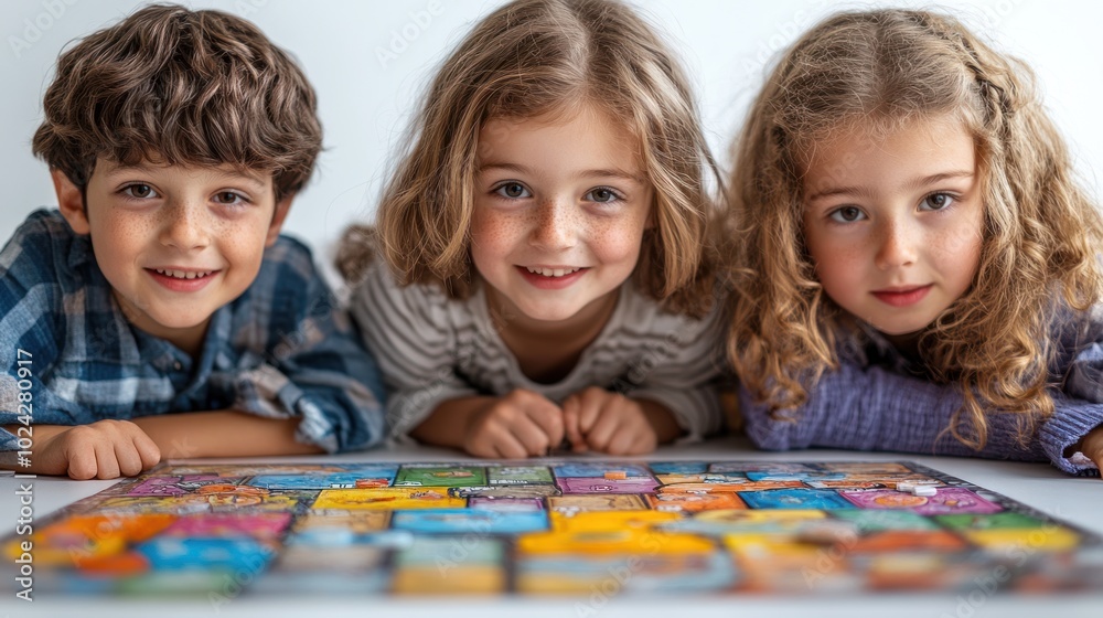 Three children smiling while playing a board game. Three children smiling while playing a board game.