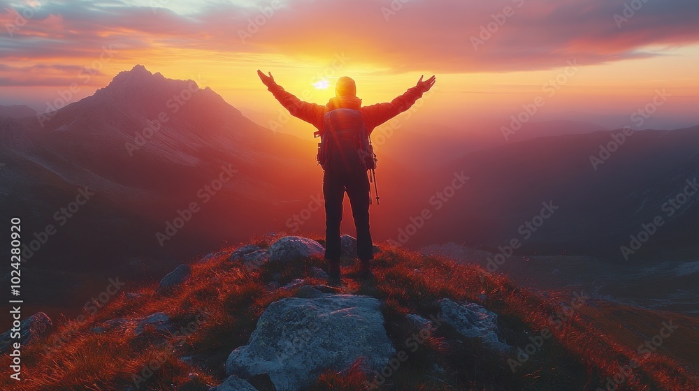 A hiker stands with arms outstretched on a mountain peak at sunrise, with the sun rising in the background and a mountain range in the distance. A hiker stands with arms outstretched on a mountain peak at sunrise, with the sun rising in the background and a mountain range in the distance.