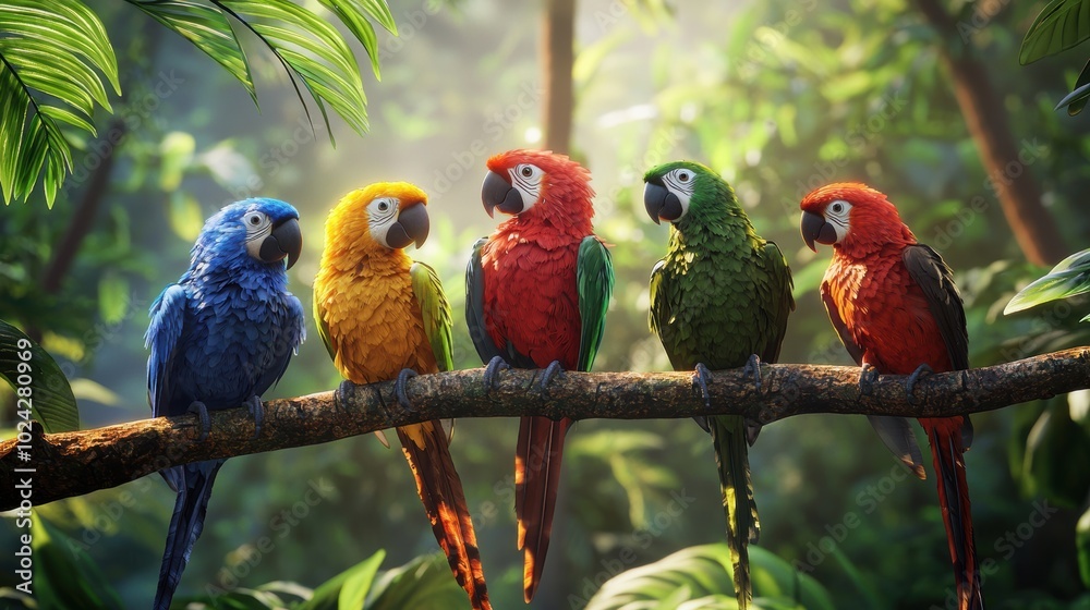 Obraz premium Colorful Tropical Birds Perched on Branches in Rain