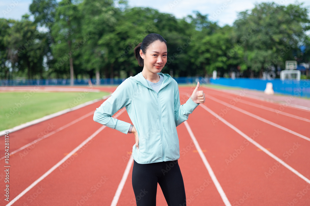Asian woman wearing blue sportswear Stand in a pose with your hands showing the excellent sign. outdoor exercise Exercise in the stadium She is exercising and holding a water bottle. active living Asian woman wearing blue sportswear Stand in a pose with your hands showing the excellent sign. outdoor exercise Exercise in the stadium She is exercising and holding a water bottle. active living