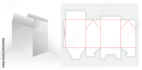 Box packaging die cut templates designs 3d mockup a white box with a foldable lid and a paper cutout isolated backgrounds for stationary gift box, merchandise packaging template, bakery shops products