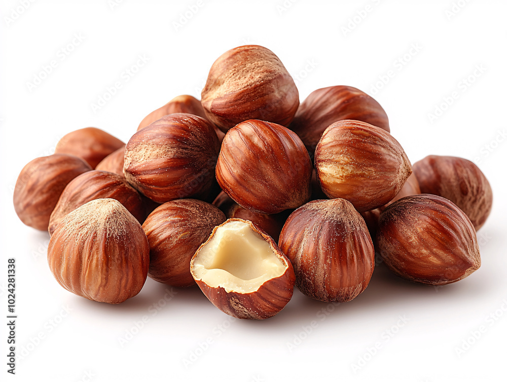 a close-up of several hazelnut kernels with their shells removed, placed on a green leaf. a close-up of several hazelnut kernels with their shells removed, placed on a green leaf.