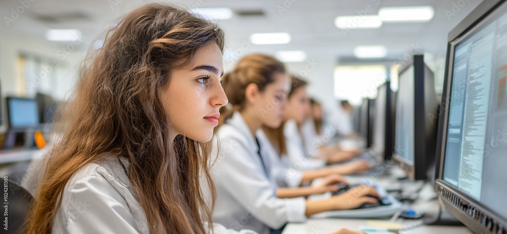 Obraz premium Students Focused in Computer Lab on Their Screens