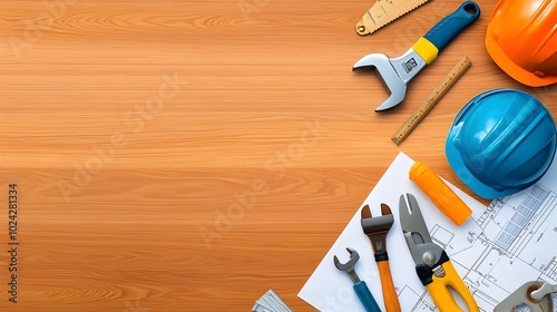 Flat Design of Home Renovation Tools and Blueprints Lying on a Table for Construction and Remodeling Projects photo