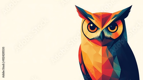 Minimalist owl design with a triangular head, square body, and triangular wings, set against a solid white background. Clean lines, emphasis on geometric shapes, flat colors, hd quality, photo