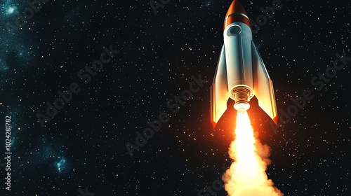 A retro-style rocket blasts off into space, leaving a trail of smoke and fire.