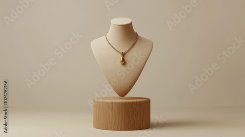 3D render of a neutral-tone mannequin showcasing a luxury pendant, wooden stand and clean cream background for sleek banner designs
