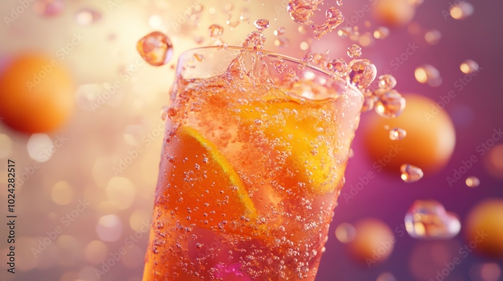 A refreshing drink with bubbles and orange slices, set against a colorful background. A refreshing drink with bubbles and orange slices, set against a colorful background.