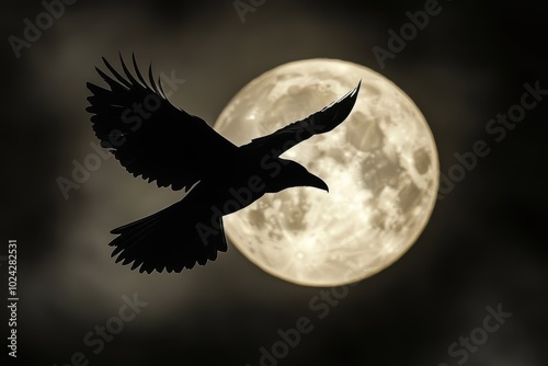 A black raven soars in flight against the full moon at night in a mystical landscape photo