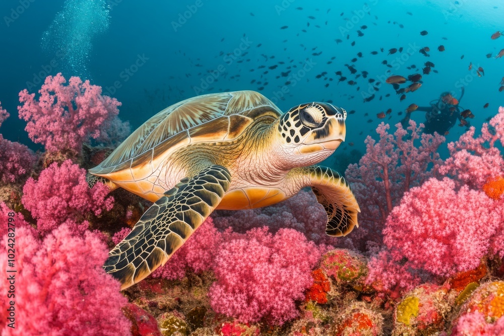 Obraz premium Sea Turtle Gracefully Swimming Among Vibrant Coral