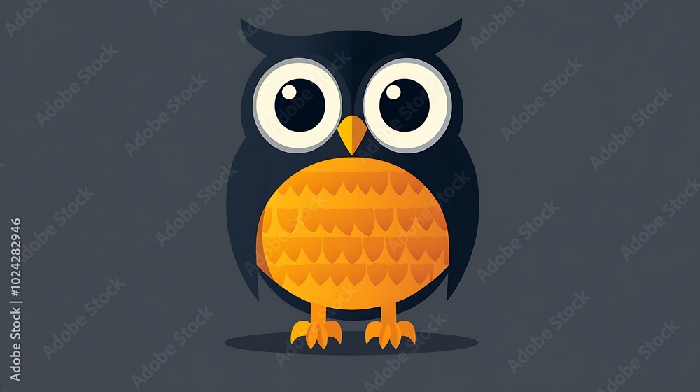 Minimalist owl illustration created from a combination of circles and ovals, with a rounded head and body, set against a solid grey background. Smooth and clean lines, flat colors, hd quality,