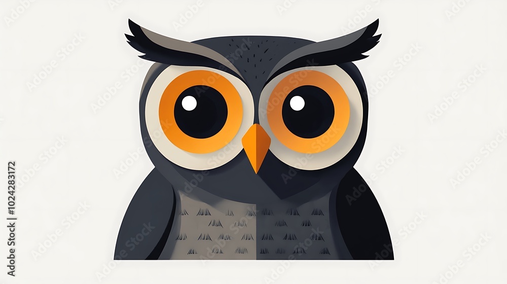 Fototapeta premium Minimalist owl illustration created using circles for the head and body, and ovals for wings, with large circular eyes, set against a plain white background. Smooth and clean shapes, no textures,