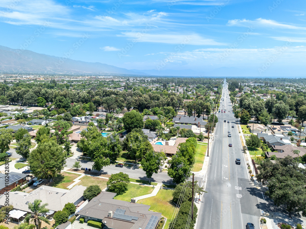 Aerial view of Upland city in San Bernardino County, California, on the border with neighboring Los Angeles County.